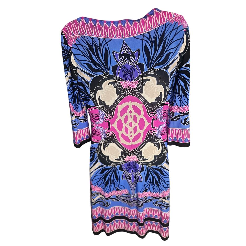 Donna Morgan Paisley Shift Dress Sz 4 Blue/Pink Stretchy 3/4 Sleeves Boat Neck - Picture 4 of 5
